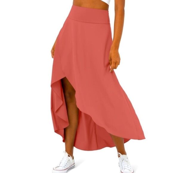 HALARA Breezeful High Low Ruffle 2-in-1 Flowy Maxi Skirt in Flame Red - Picture 2 of 5